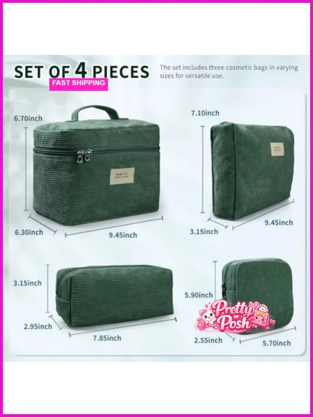 4 Pcs Corduroy Makeup Bag Set Cosmetic Travel Pouch Set with Zipper